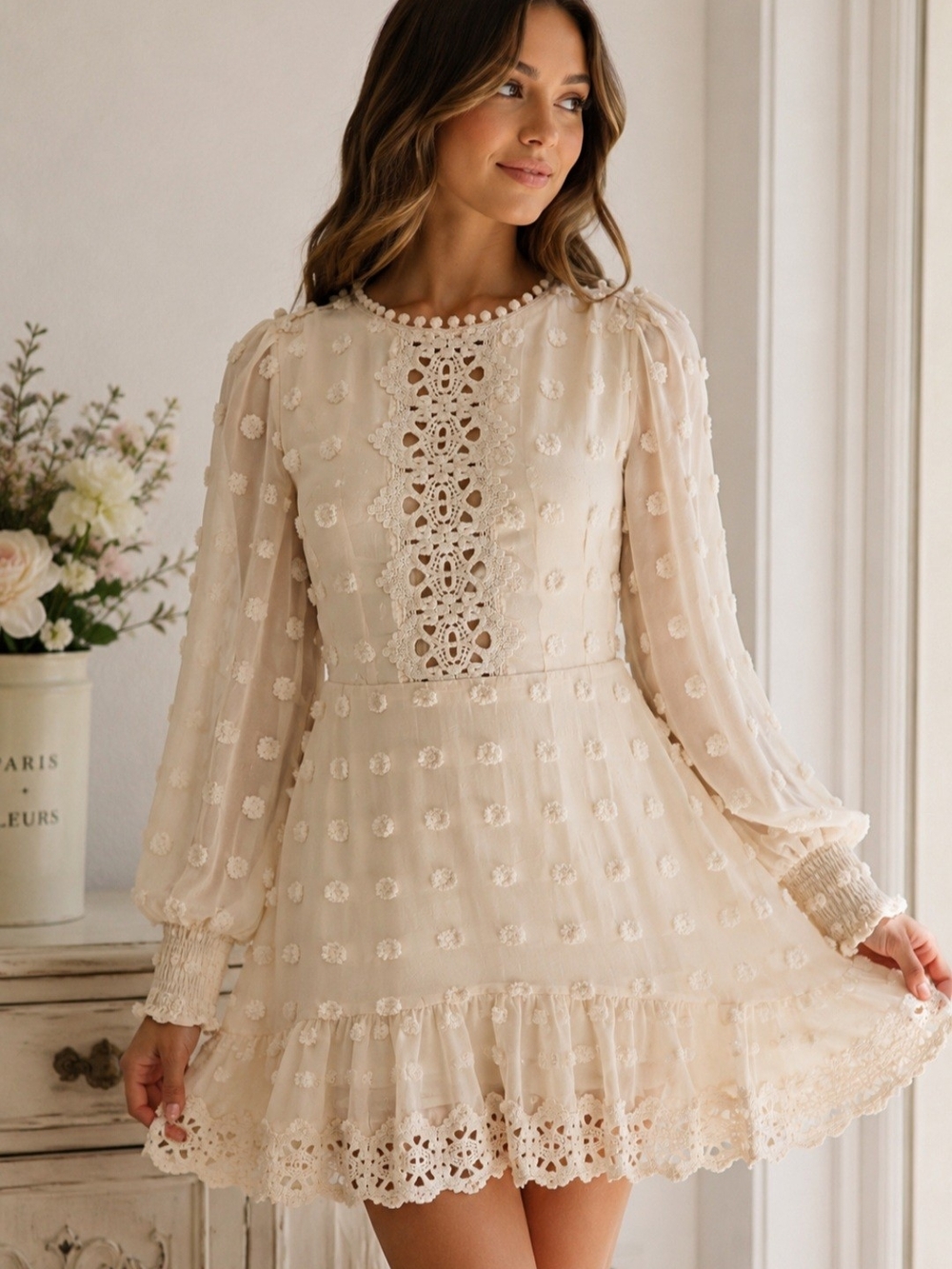 Lulu's Cream Eyelet Lace Long-Sleeve Mini Dress